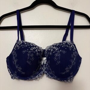 Victorias Secret Dream Angels Lined Demi Bra 34DD Navy Blue‎ Silver Floral Lace